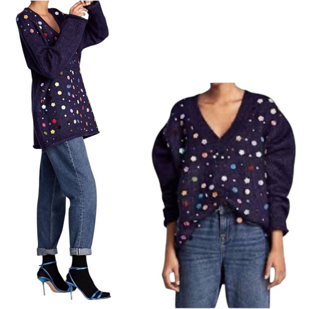 Zara‎ Alpaca Wool Blend Big Sequins Sweater Relaxed Fit Cozy Whimsical Womens S